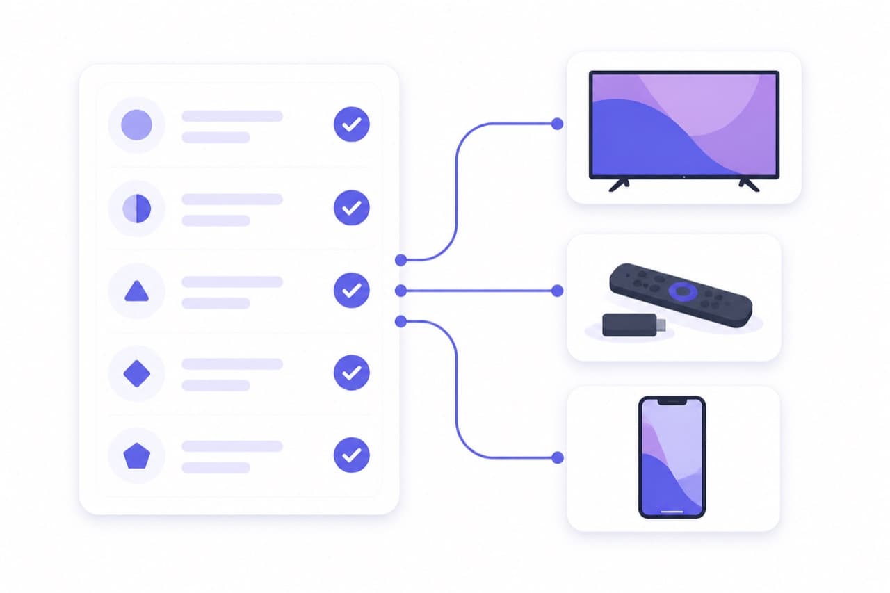 Checklist for evaluating an IPTV service provider against a TV, streaming stick and phone